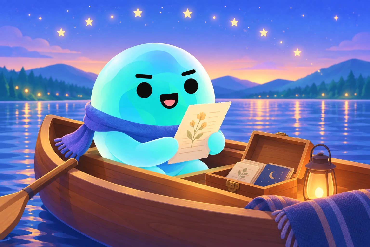 Topi revisits a journal page in a canoe beneath a starry sky.