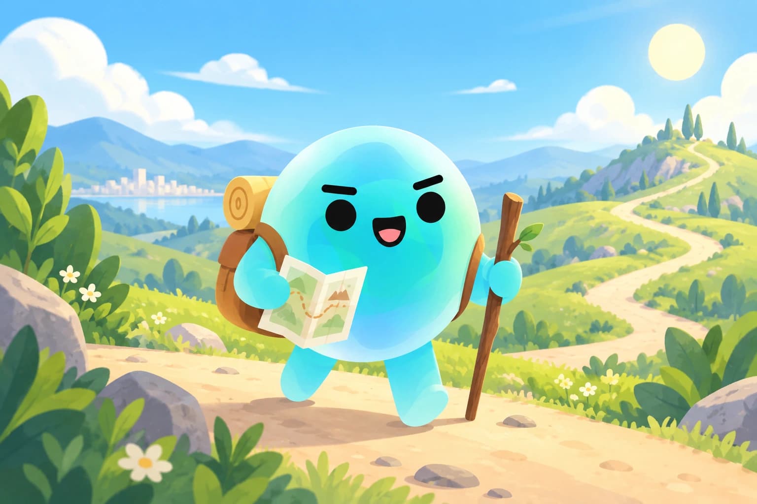 Topi walks along a hillside trail carrying a map and hiking staff.