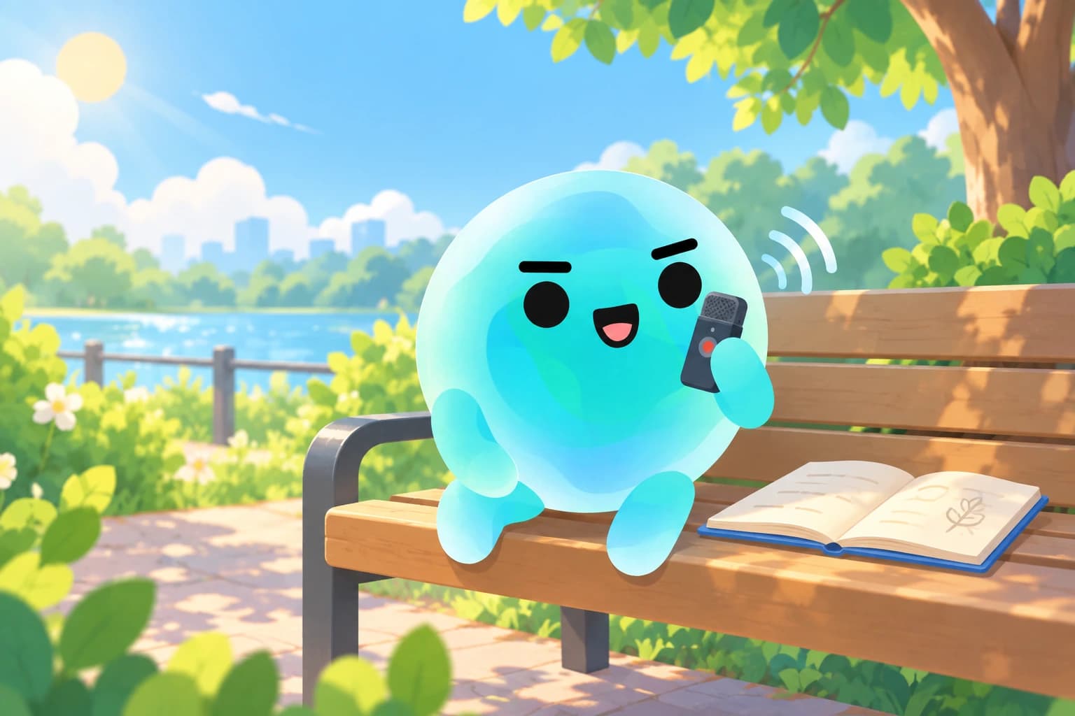 Topi holds a voice recorder beside a journal in a quiet park.