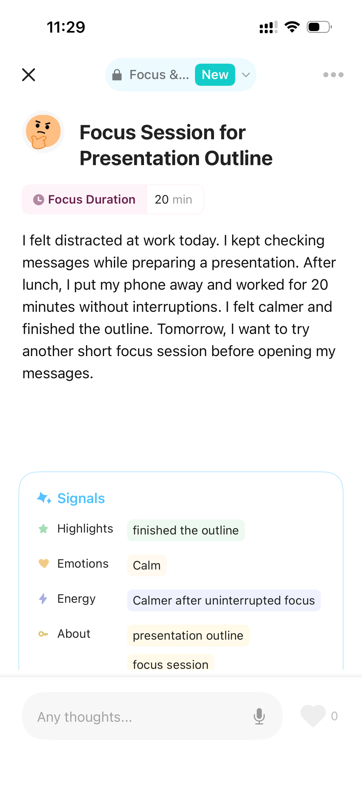 The example entry, with its title, body, and Signals.