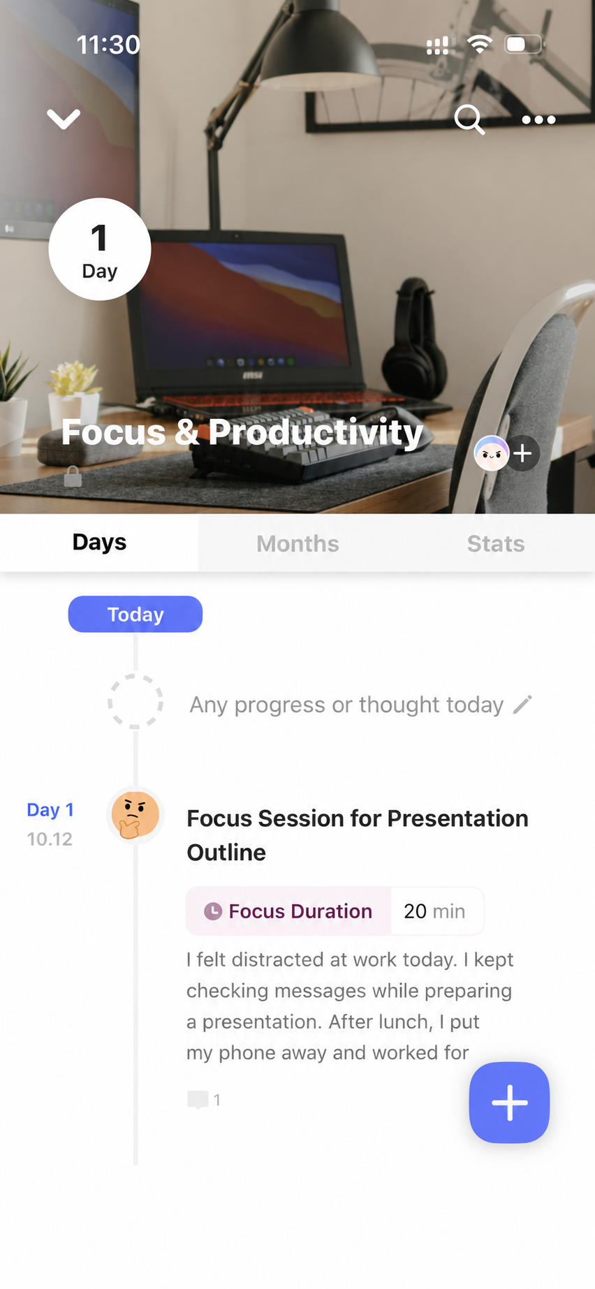 The same titled entry in the Focus & Productivity Days timeline. Image edited for a more compact layout.