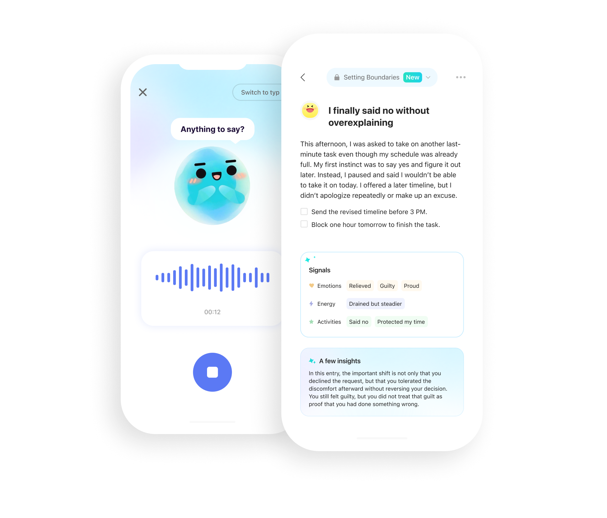 EpicTopia voice recording transformed into an organized Entry with signals and insights